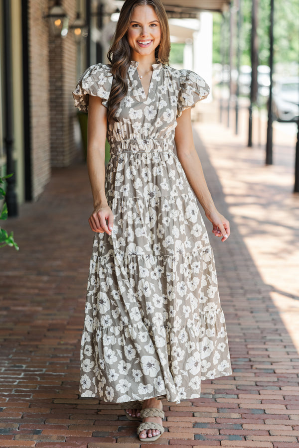 Take Note Taupe Floral Maxi Dress