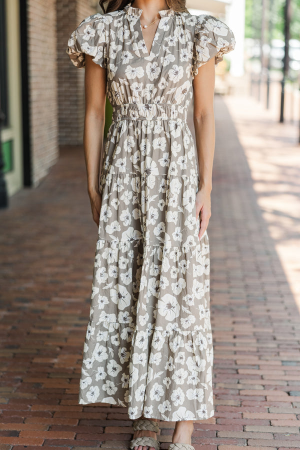 Take Note Taupe Floral Maxi Dress