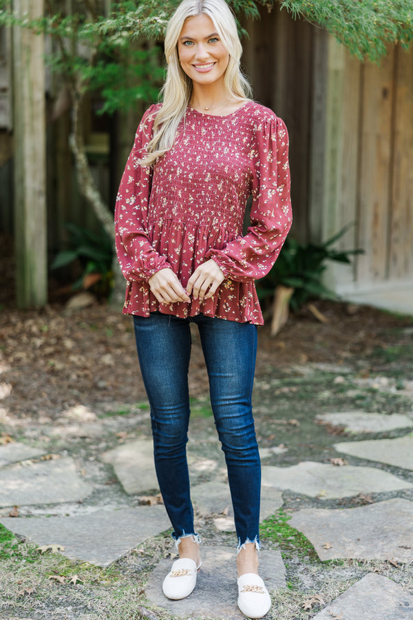 Getting Close Burgundy Red Ditsy Floral Blouse