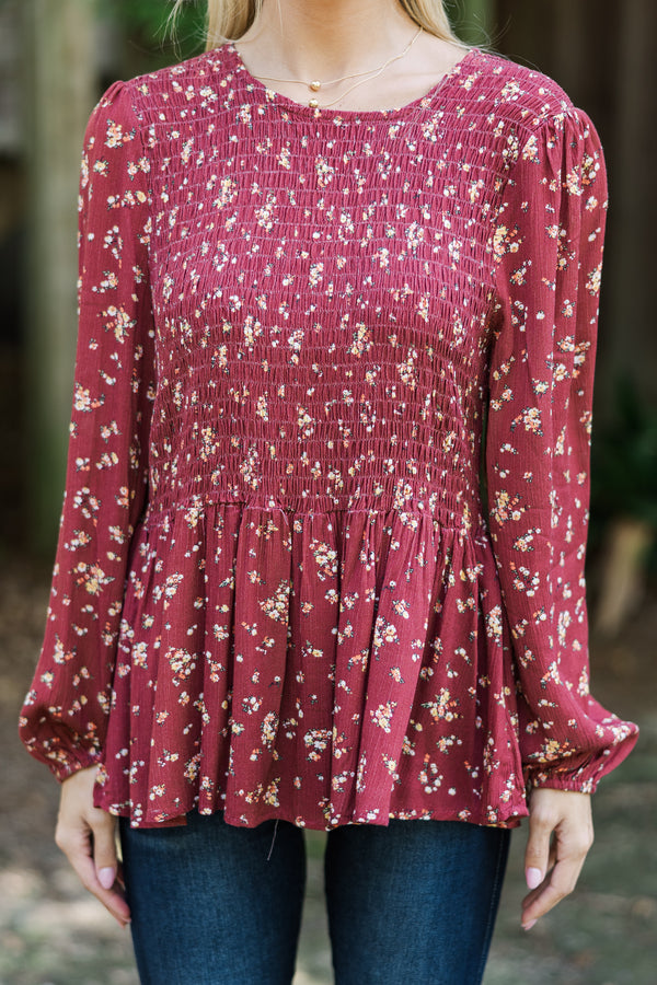 Getting Close Burgundy Red Ditsy Floral Blouse