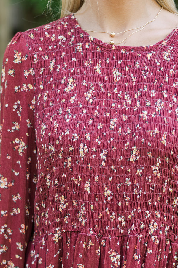 Getting Close Burgundy Red Ditsy Floral Blouse