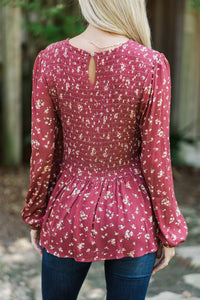 Getting Close Burgundy Red Ditsy Floral Blouse