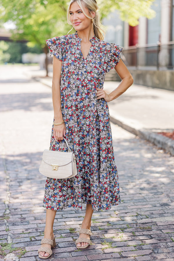 red ditsy floral midi dress Glassworks London Red Bright Ditsy Floral Button Front Midi Dress