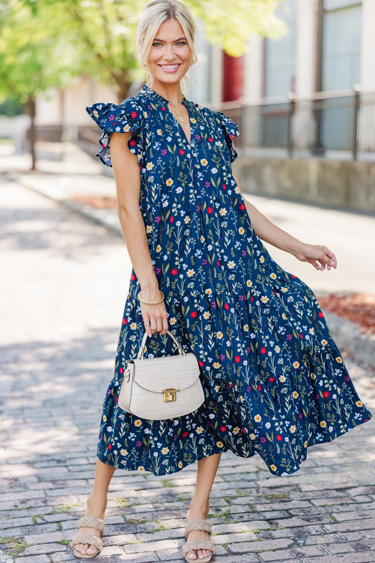 Just For Today Navy Blue Floral Midi Dress – Shop the Mint