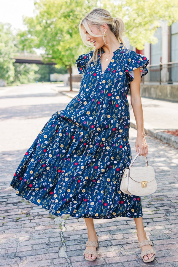 Just For Today Navy Blue Floral Midi Dress