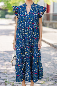 Just For Today Navy Blue Floral Midi Dress