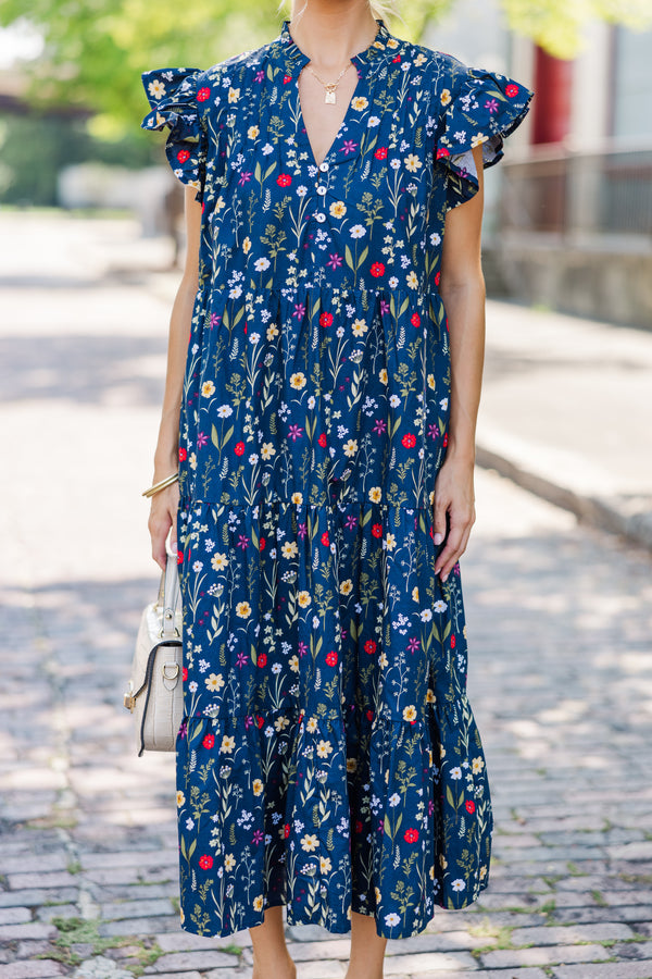 Just For Today Navy Blue Floral Midi Dress