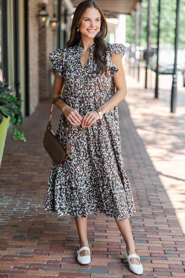 Just For Today Brown Ditsy Floral Midi Dress Shop the Mint Just For Today Brown Ditsy Floral Midi Dress Shop the Mint