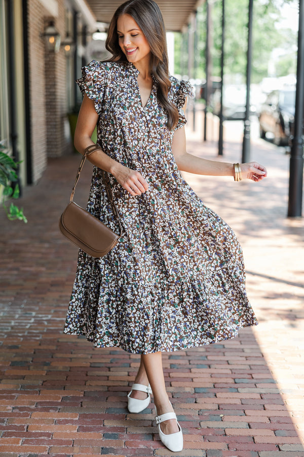 Just For Today Brown Ditsy Floral Midi Dress Shop the Mint Just For Today Brown Ditsy Floral Midi Dress Shop the Mint