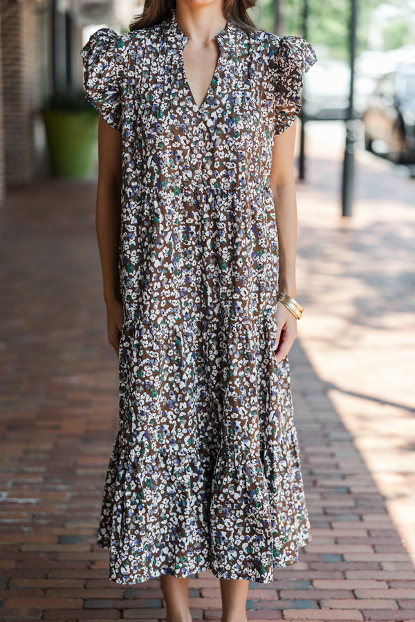 Just For Today Brown Ditsy Floral Midi Dress