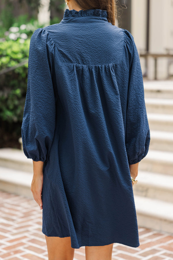 Above And Beyond Navy Blue Textured Shift Dress