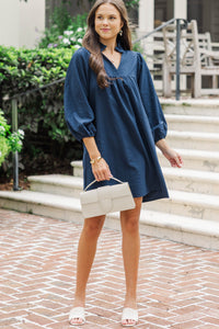 Above And Beyond Navy Blue Textured Shift Dress
