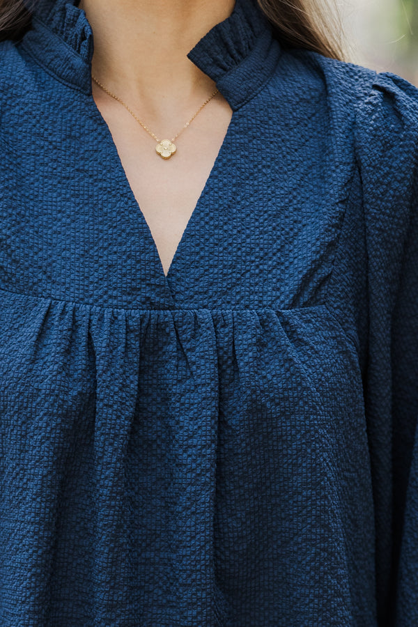 Above And Beyond Navy Blue Textured Shift Dress