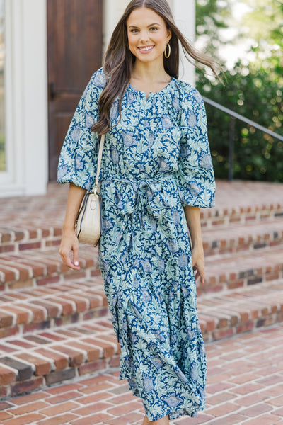 navy floral midi dress with sleeves Principles Women's Floral Jacquard Puff Sleeve Midi Dress in Navy | Size: 8