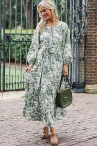 Good Intentions Olive Green Toile Midi Dress