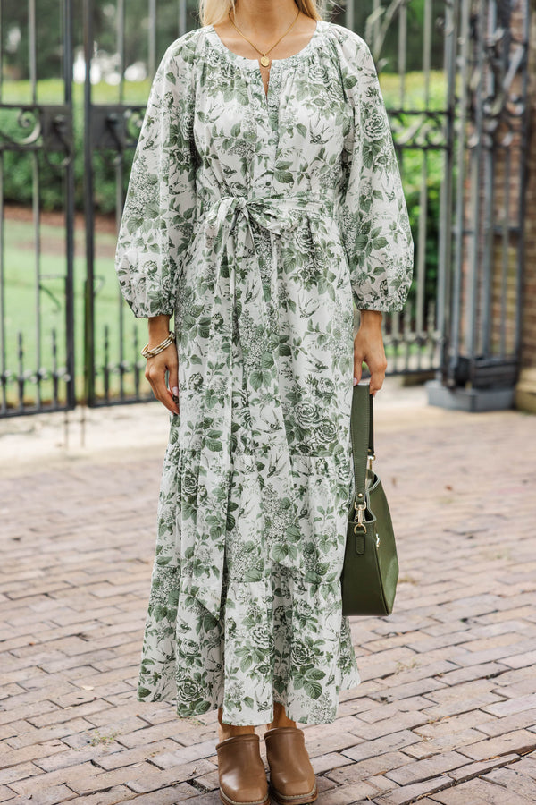 Good Intentions Olive Green Toile Midi Dress