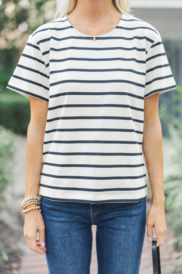 Lucky You White and Black Striped Tee