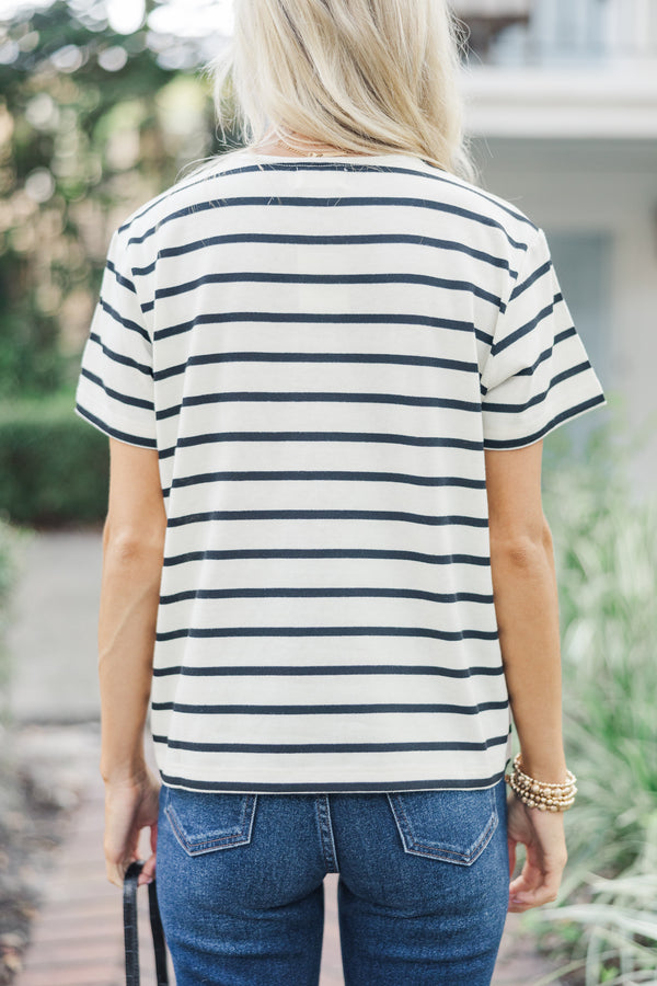 Lucky You White and Black Striped Tee