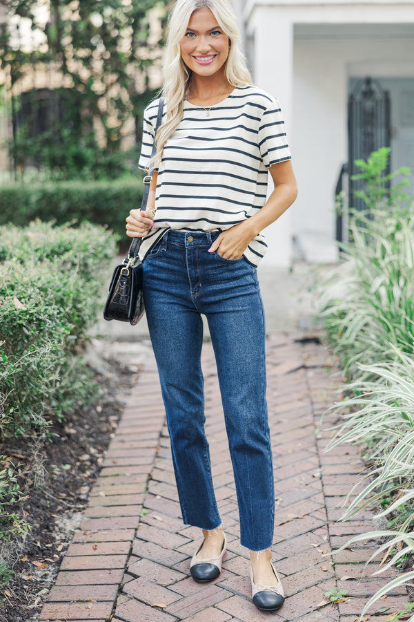 Lucky You White and Black Striped Tee