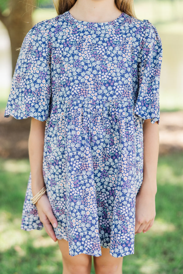 Girls: Time Goes By Navy Blue Ditsy Floral Scalloped Dress