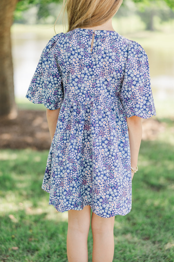 Girls: Time Goes By Navy Blue Ditsy Floral Scalloped Dress