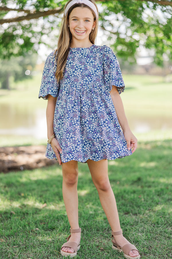 Girls: Time Goes By Navy Blue Ditsy Floral Scalloped Dress