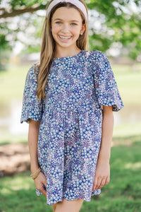 Girls: Time Goes By Navy Blue Ditsy Floral Scalloped Dress