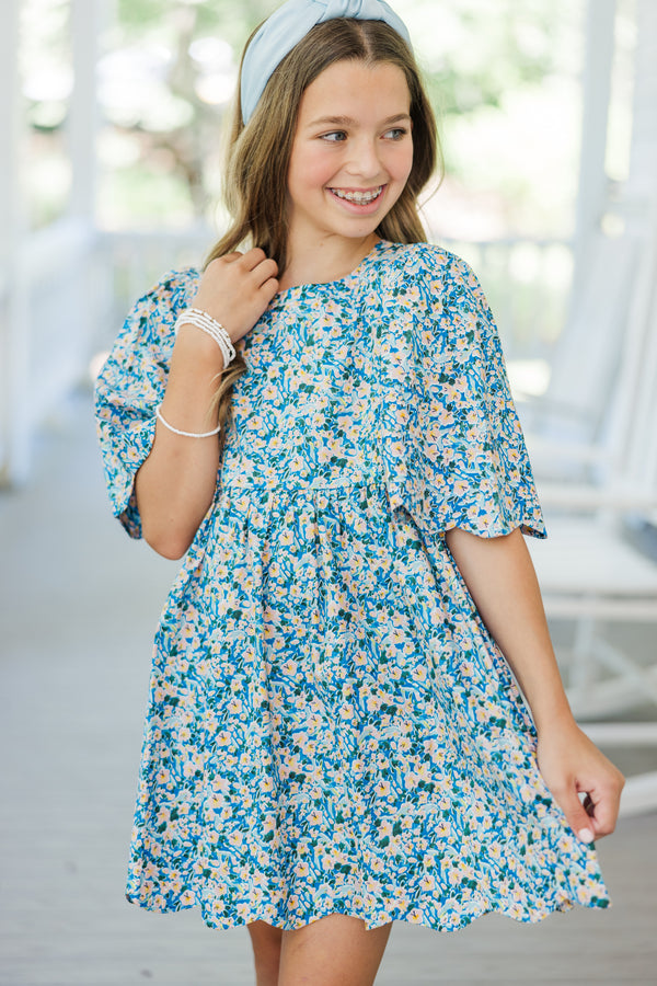 Girls: Right On Time Blue Ditsy Floral Scalloped Dress Shop the Mint Girls: Right On Time Blue Ditsy Floral Scalloped Dress Shop the Mint
