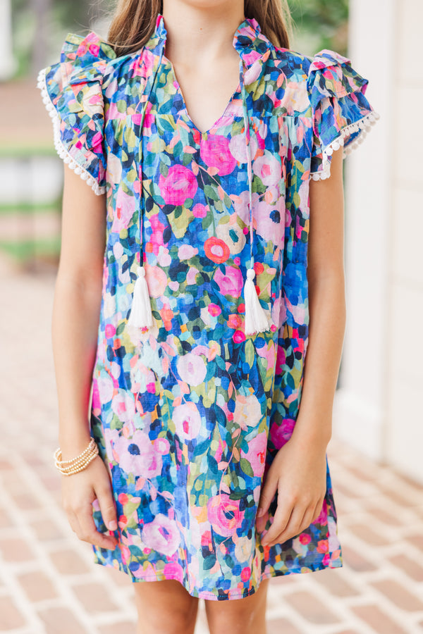 Girls: Leave It All Behind Navy Blue Floral Dress