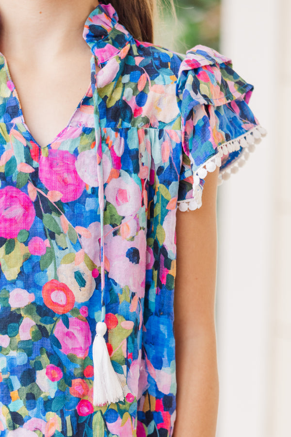 Girls: Leave It All Behind Navy Blue Floral Dress