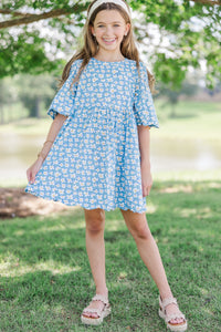 Girls: Time Goes By Blue Floral Cotton Scalloped Dress