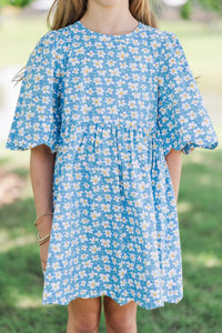 Girls: Time Goes By Blue Floral Cotton Scalloped Dress