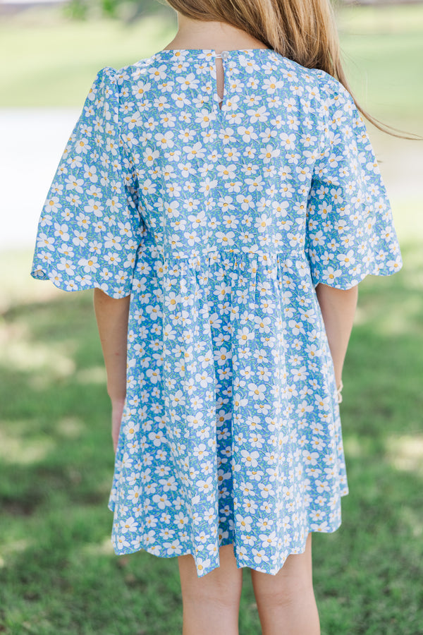 Girls: Time Goes By Blue Floral Cotton Scalloped Dress