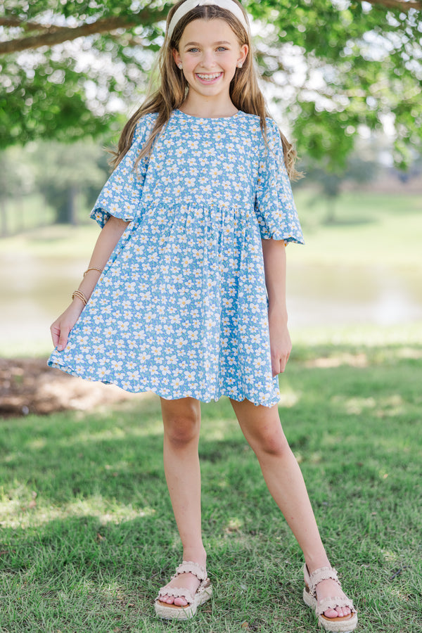 Girls: Time Goes By Blue Floral Cotton Scalloped Dress – Shop the Mint