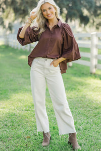 Let's Run Brown Bubble Sleeve Blouse