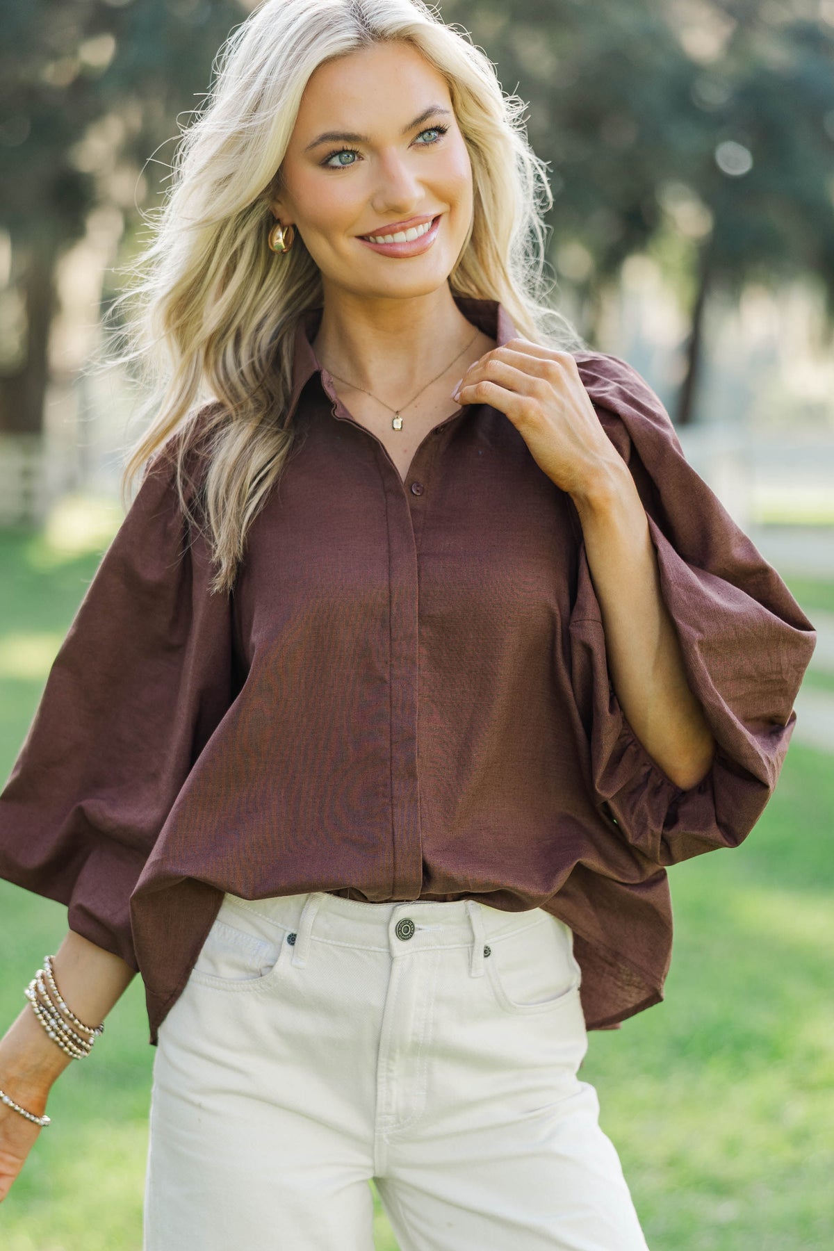 HYEON bubble blouse バブルブラウス Let's Run Brown Bubble Sleeve Blouse – Shop the Mint