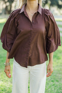 Let's Run Brown Bubble Sleeve Blouse