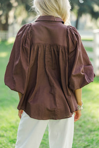 Let's Run Brown Bubble Sleeve Blouse