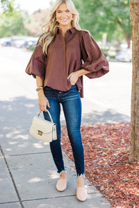 Let's Run Brown Bubble Sleeve Blouse