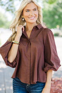 Let's Run Brown Bubble Sleeve Blouse