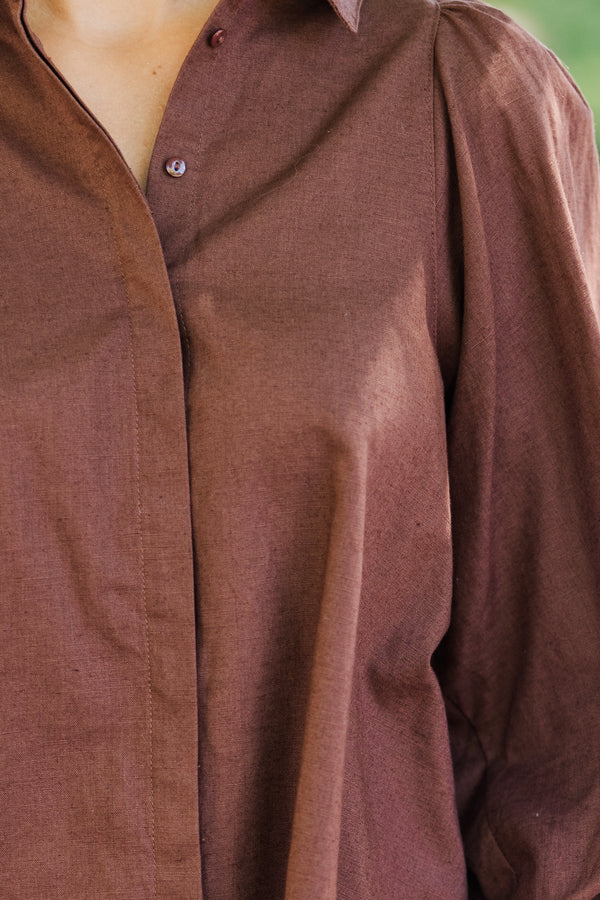 Let's Run Brown Bubble Sleeve Blouse