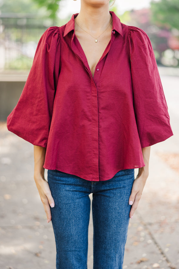 Let's Run Burgundy Red Bubble Sleeve Blouse