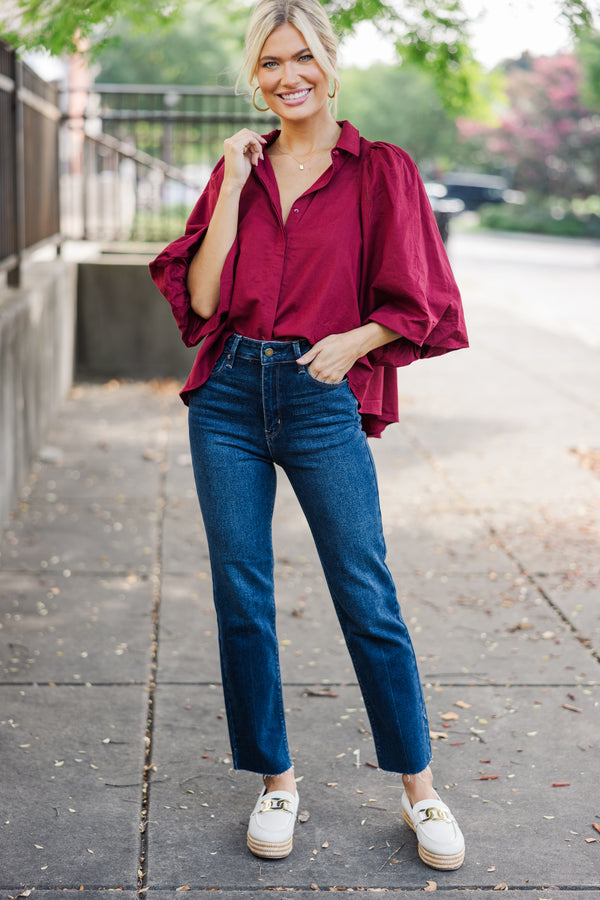 Let's Run Burgundy Red Bubble Sleeve Blouse