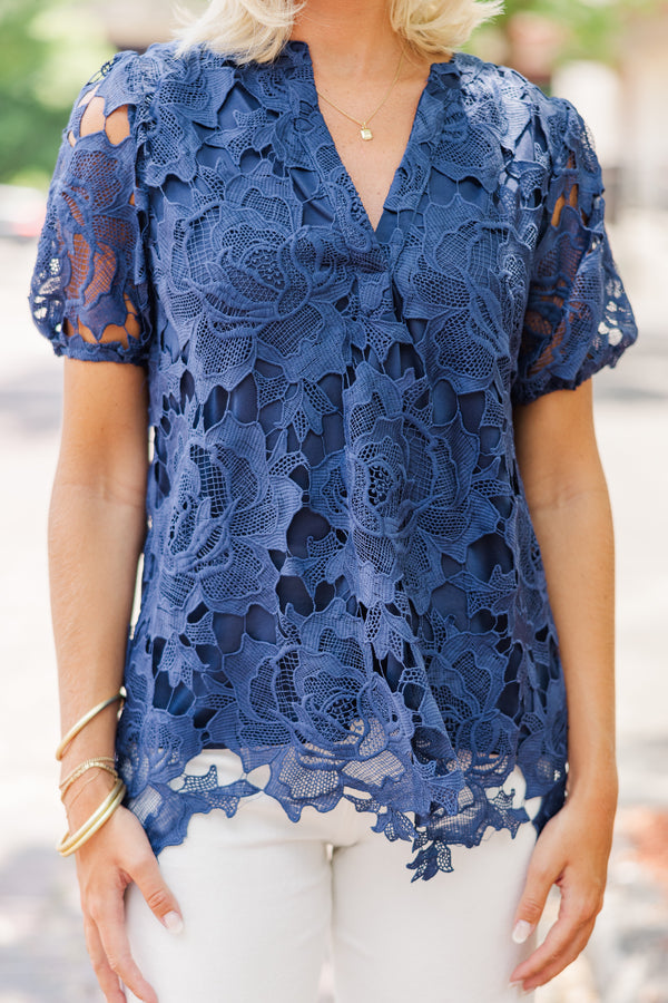 Detailed Dreams Navy Blue Lace Blouse