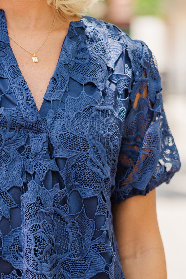 Detailed Dreams Navy Blue Lace Blouse