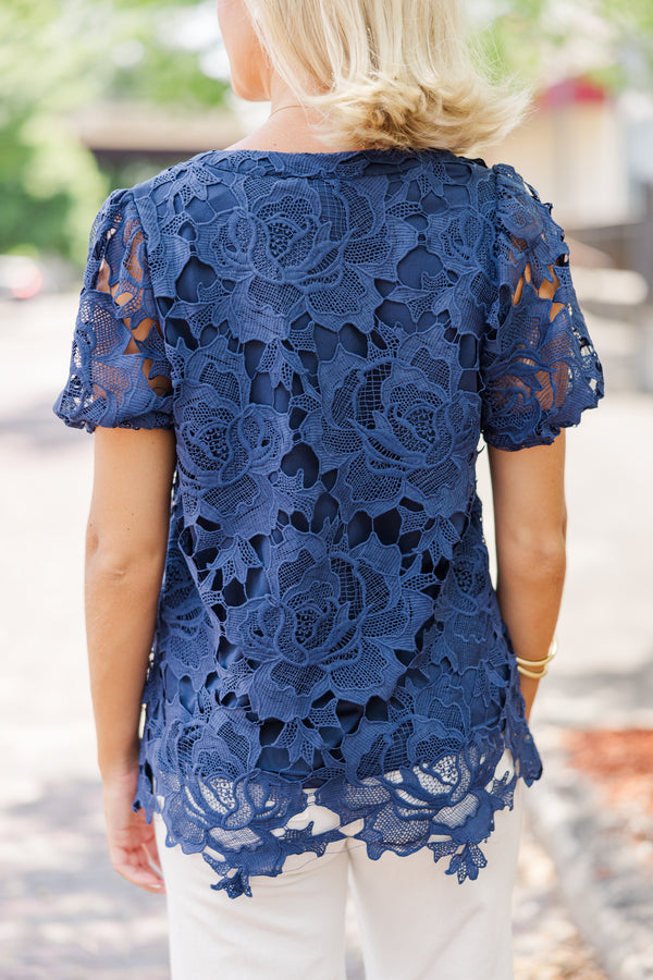 Detailed Dreams Navy Blue Lace Blouse