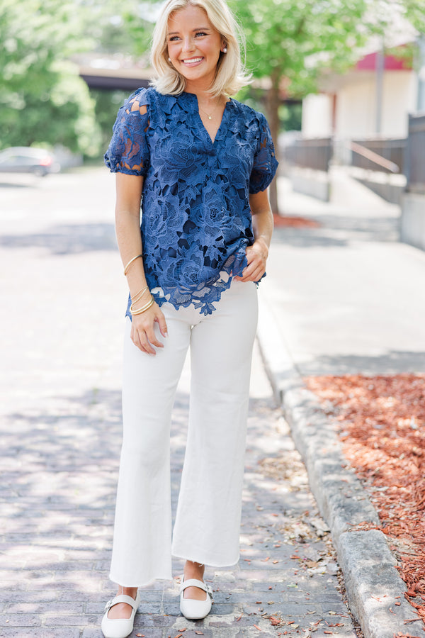 Detailed Dreams Navy Blue Lace Blouse