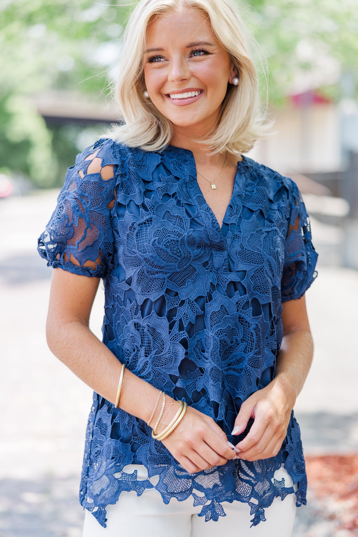 Detailed Dreams Navy Blue Lace Blouse ...