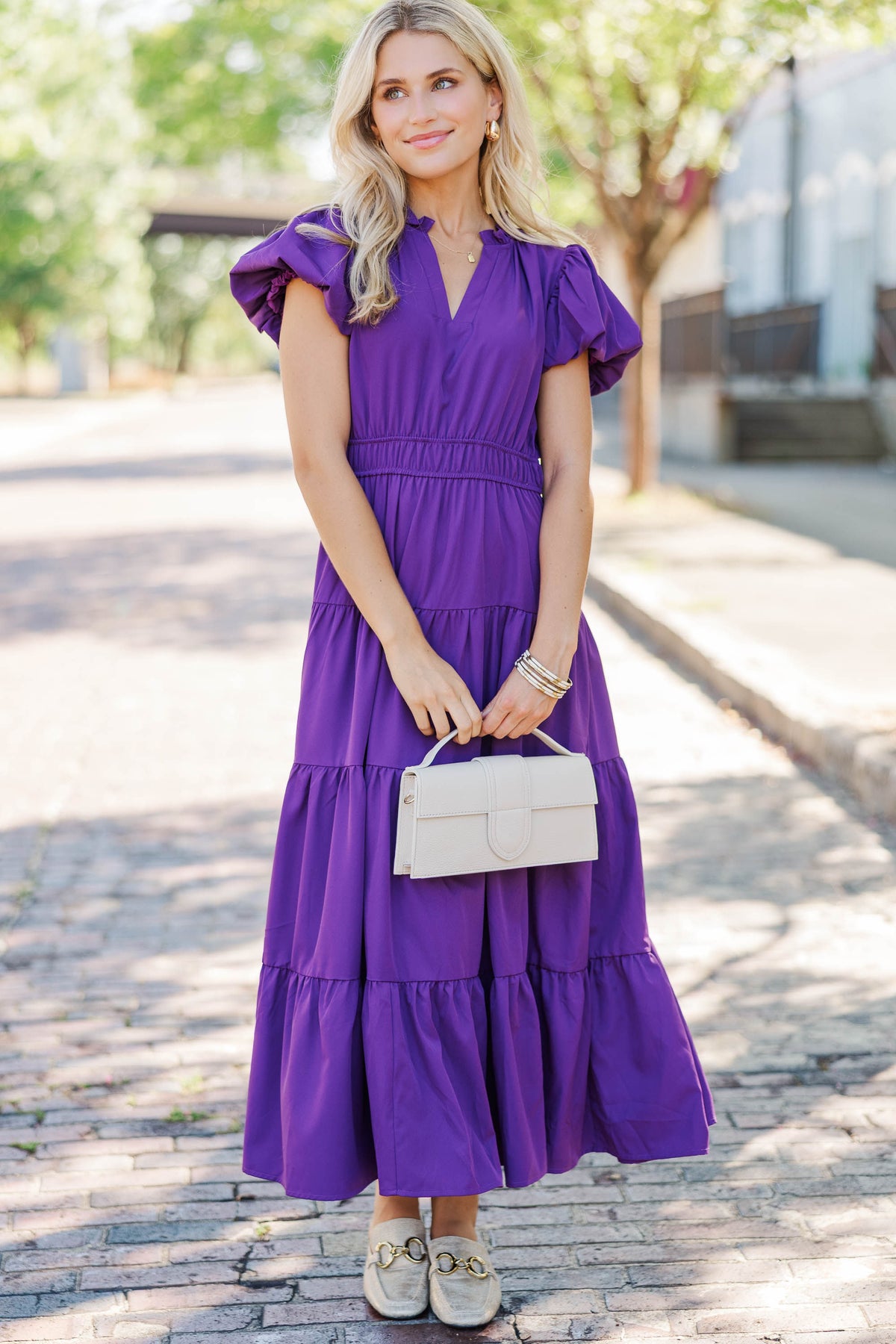 Coming Back For You Plum Purple Tiered Midi Dress, Small - The Mint Julep Boutique
