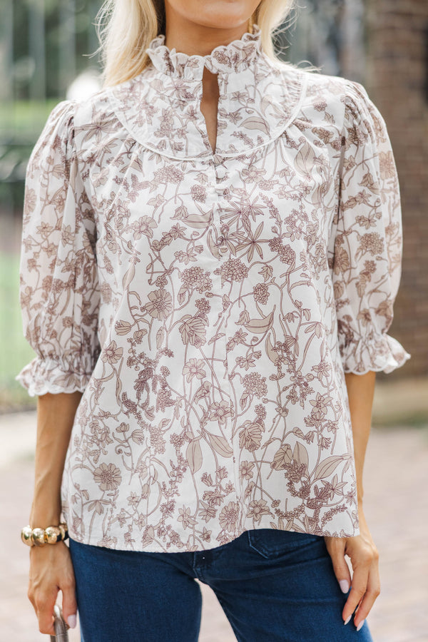 Keep It Up Cream Toile Ruffled Blouse